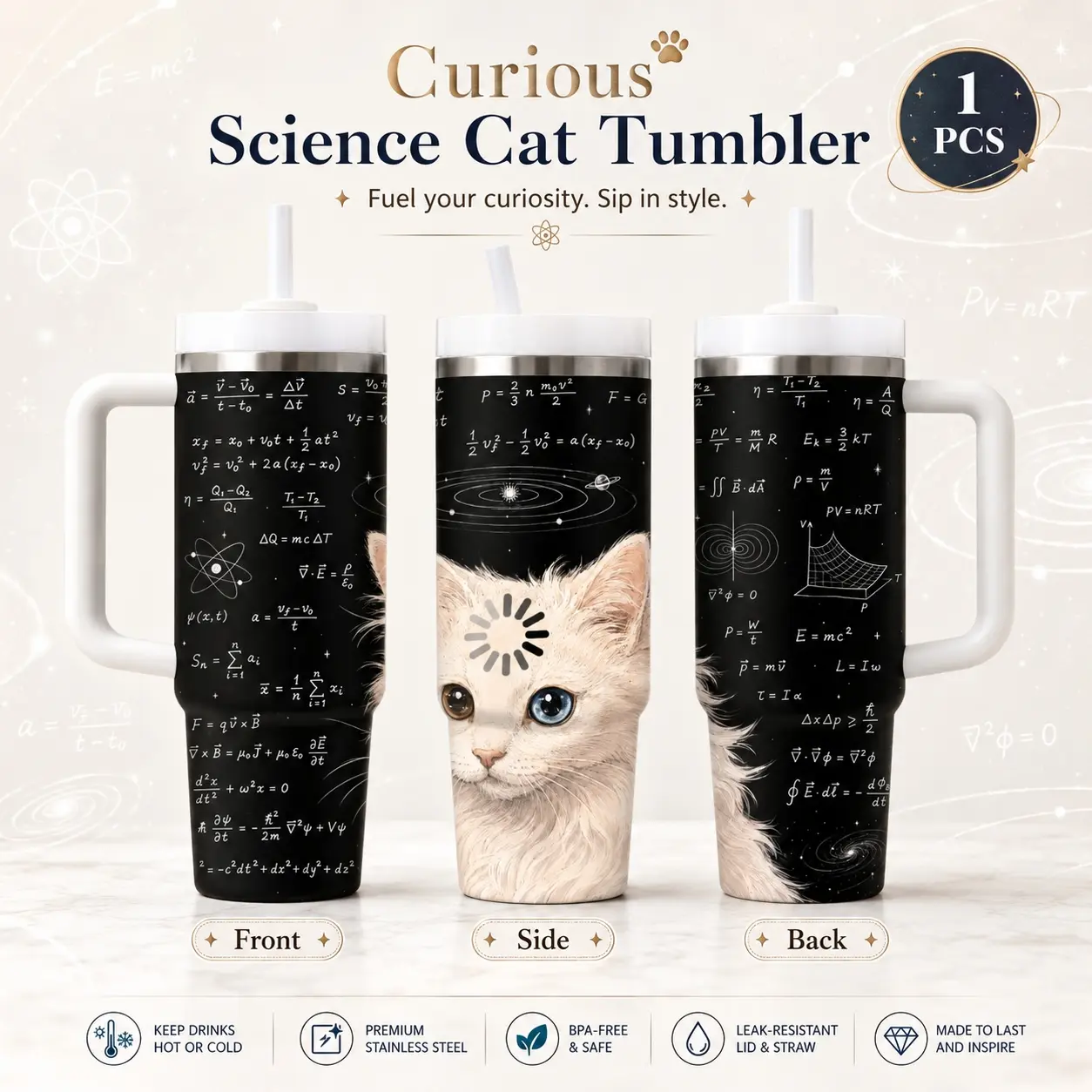 Cosmic Heterochromia Fluffy White Cat Vacuum Flasks 40oz Stainless Steel Vacuum Insulated Tumbler with Handle & Straw | Long-Lasting Cold & Heat Retention, Leak-Resistant | For Iced Coffee, Water, Office, Gym & Travel