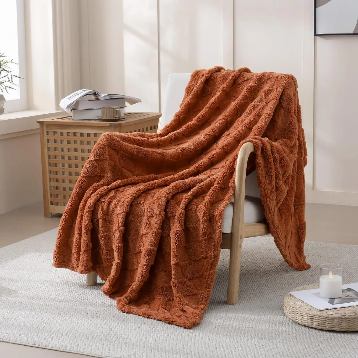 Burnt Orange Fleece Throw Blanket for Couch 50”x60” with  Checkered | Microfiber Flannel, Lightweight Plush Soft Cozy, Gifts for Women Mom