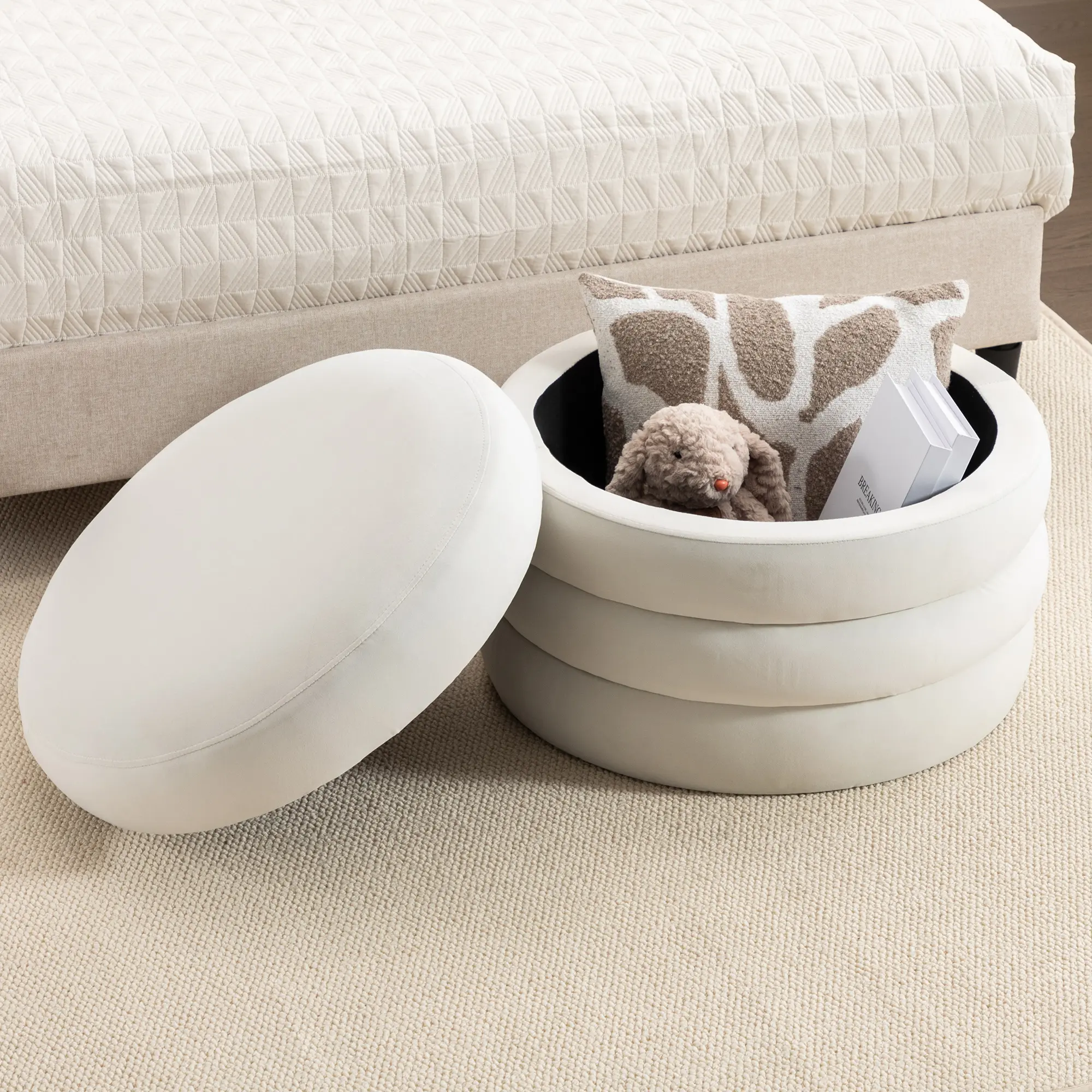 Ivory Modern Velvet Storage Ottoman Footstool - Round Flip-Top Bench with Wooden Shelving, 24.4x24.4x17.7in, 54L Hidden Storage, No Assembly Needed, Room Decor for Living Room, Bedroom