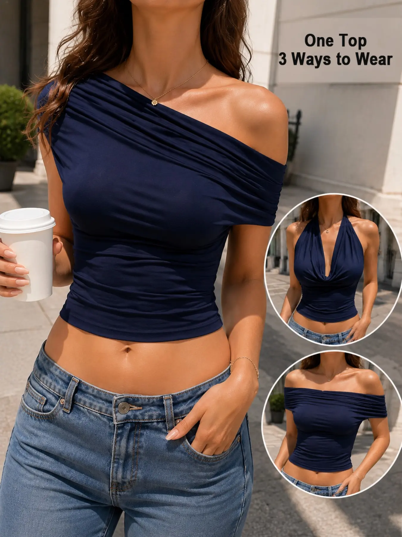 Women's Versatile Solid Summer tops, Convertible as off-shoulder or one-shoulder tanktops and backless haltertop, High Stretchy and Breathable Fabric, Elegant, Casual and Y2K Sexy Curvy Fashion Summer and Vacation Outfit for Going.Out and Dating Outfit
