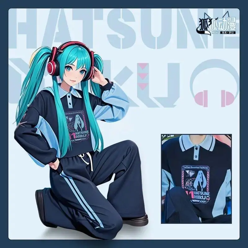 New Hatsune Miku Cosplay Polo Shirt Women Men Casual Trousers Blouse Collar T-shirt Pants Short Tops Spring Vocaloid Costume