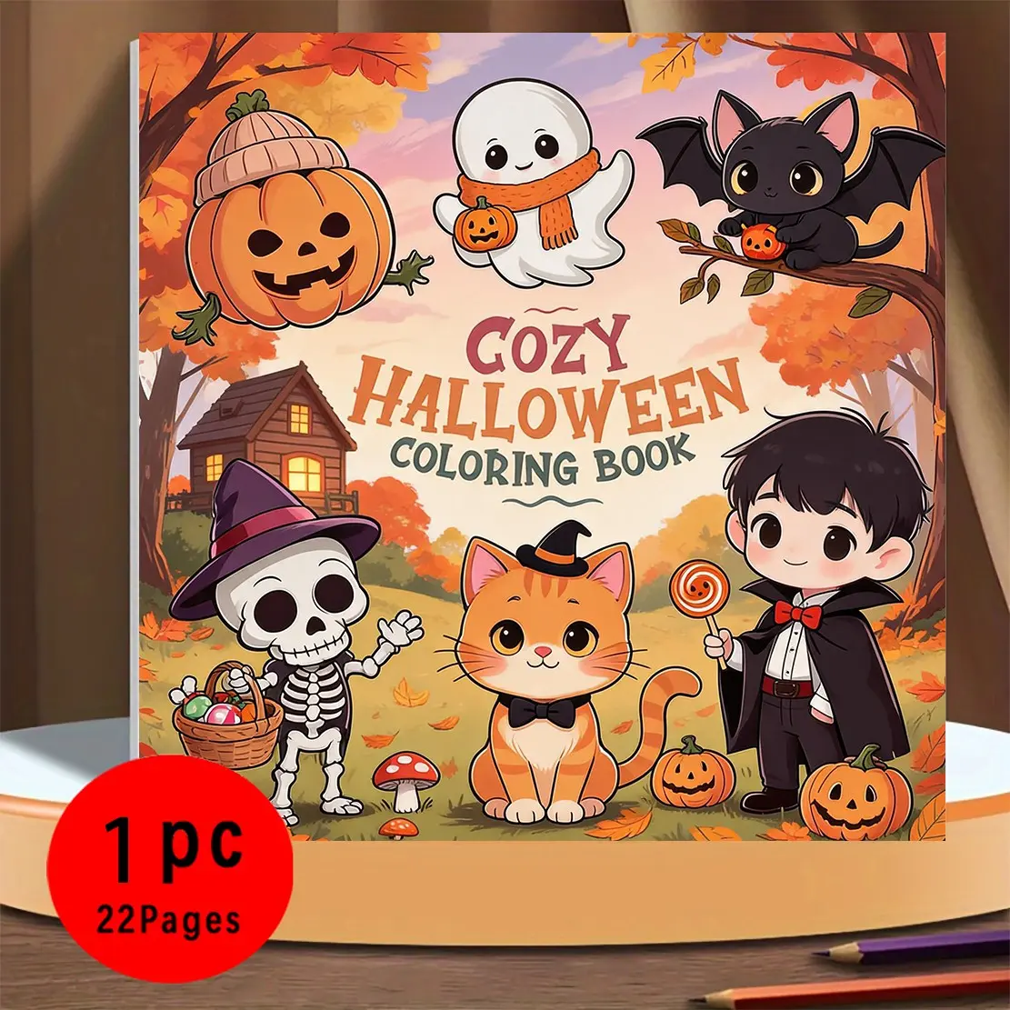 Warm Halloween Coloring Book, 22 Pages Cute Cartoon Patterns, Thick 120g Paper, Ink-Proof, Easy Line Art, Relaxing Stress Relief