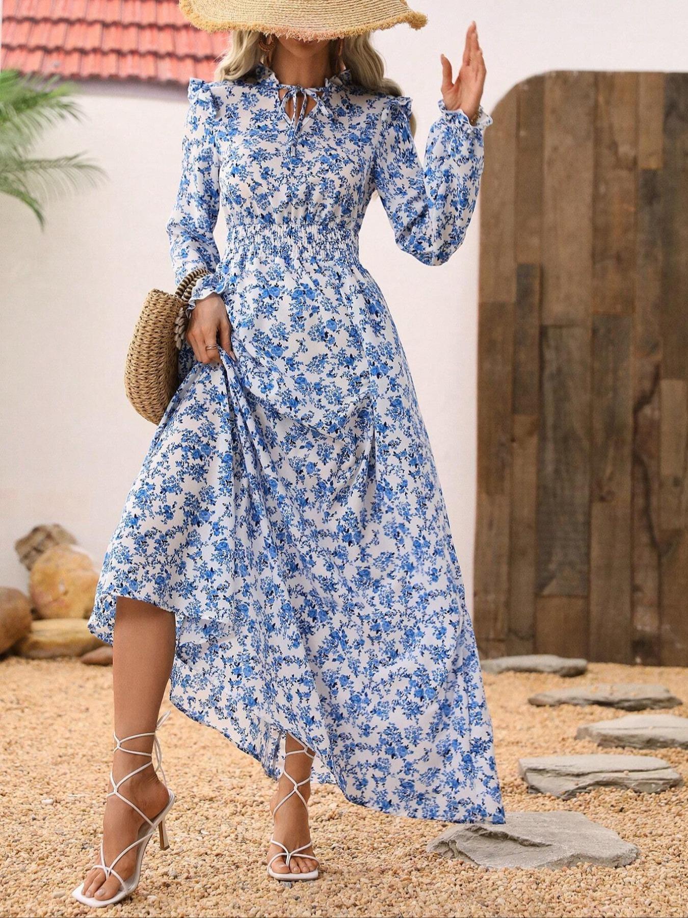 Women's Floral Print Self-Belted Neck Dress, Spring & Fall Long Sleeve A-Line Maxi Skirt, Boho Elegance Style, Slimming Set