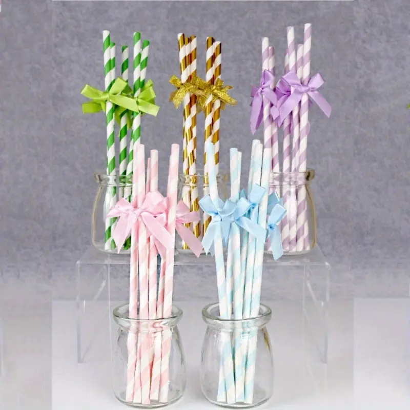 10pcs Disposable paper straws, creative colorful bow striped straws for milkshakes, smoothies, boba, bubble tea, iced coffee, perfect for family bar drink shop picnic birthday parties