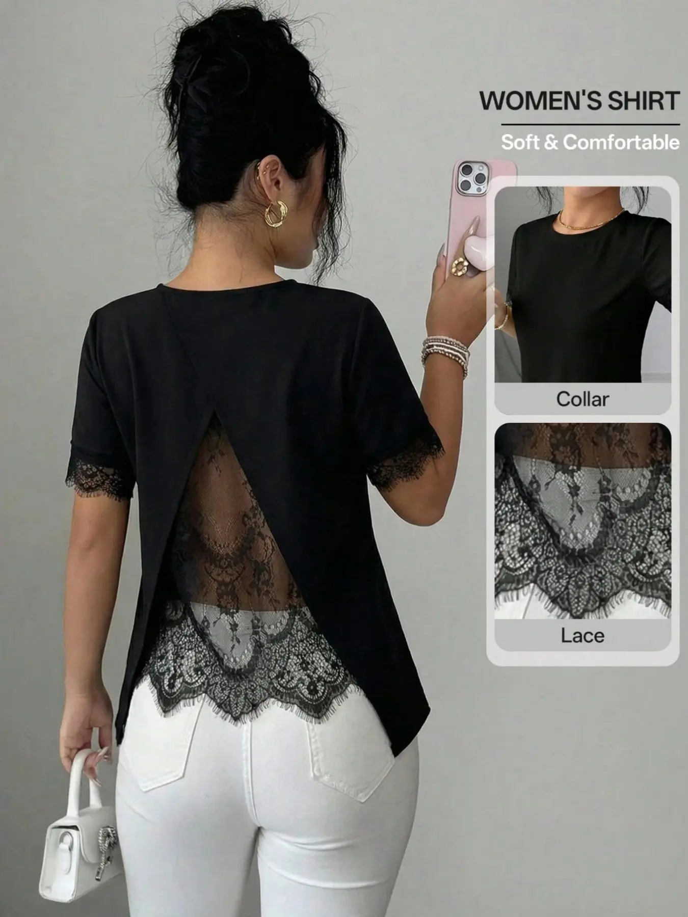Summer Elegant A-Line Lace Patchwork Casual T-Shirt Fit, Romantic French Style for Office and Daily Wear, Sweet Summer Women's Top
