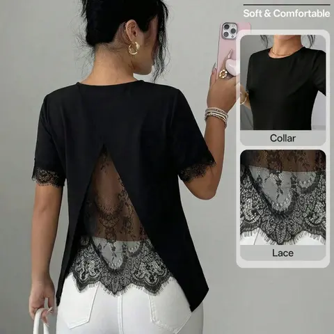 Summer Elegant A-Line Lace Patchwork Casual T-Shirt, Romantic French Style for Office and Daily Wear, Sweet Summer Women's Top, Loose Tops