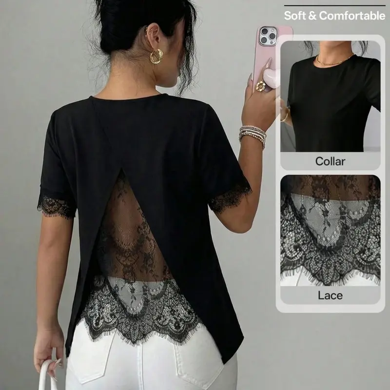 Summer Elegant A-Line Lace Patchwork Casual T-Shirt, Romantic French Style for Office and Daily Wear, Sweet Summer Women's Top, Loose Tops
