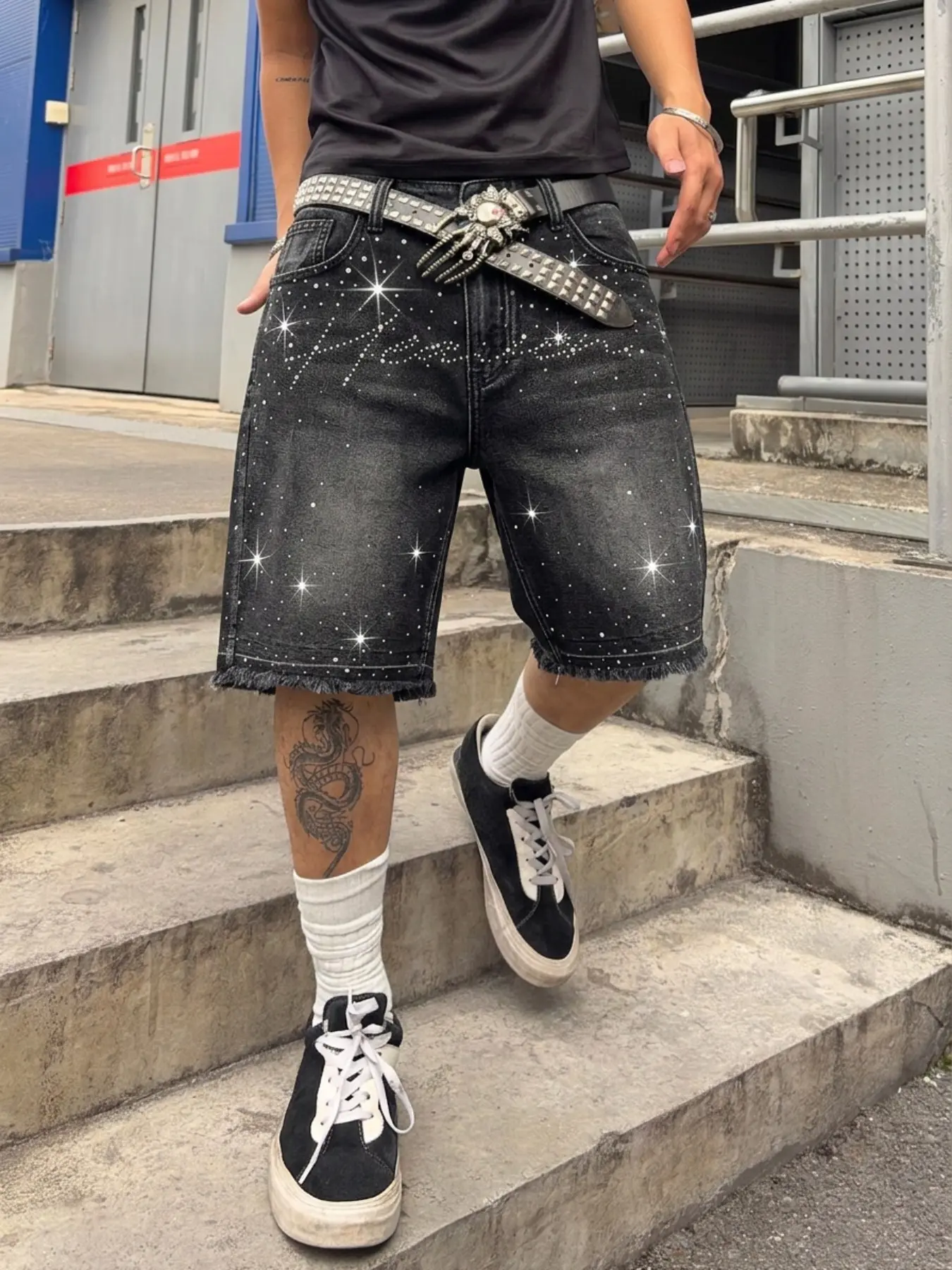 Men's Casual Trendy High Street Five-Quarter Jeans Shorts, Rhinestone Letter Pattern, Y2K Style, Loose-Fit, Zipper Fly, All Seasons