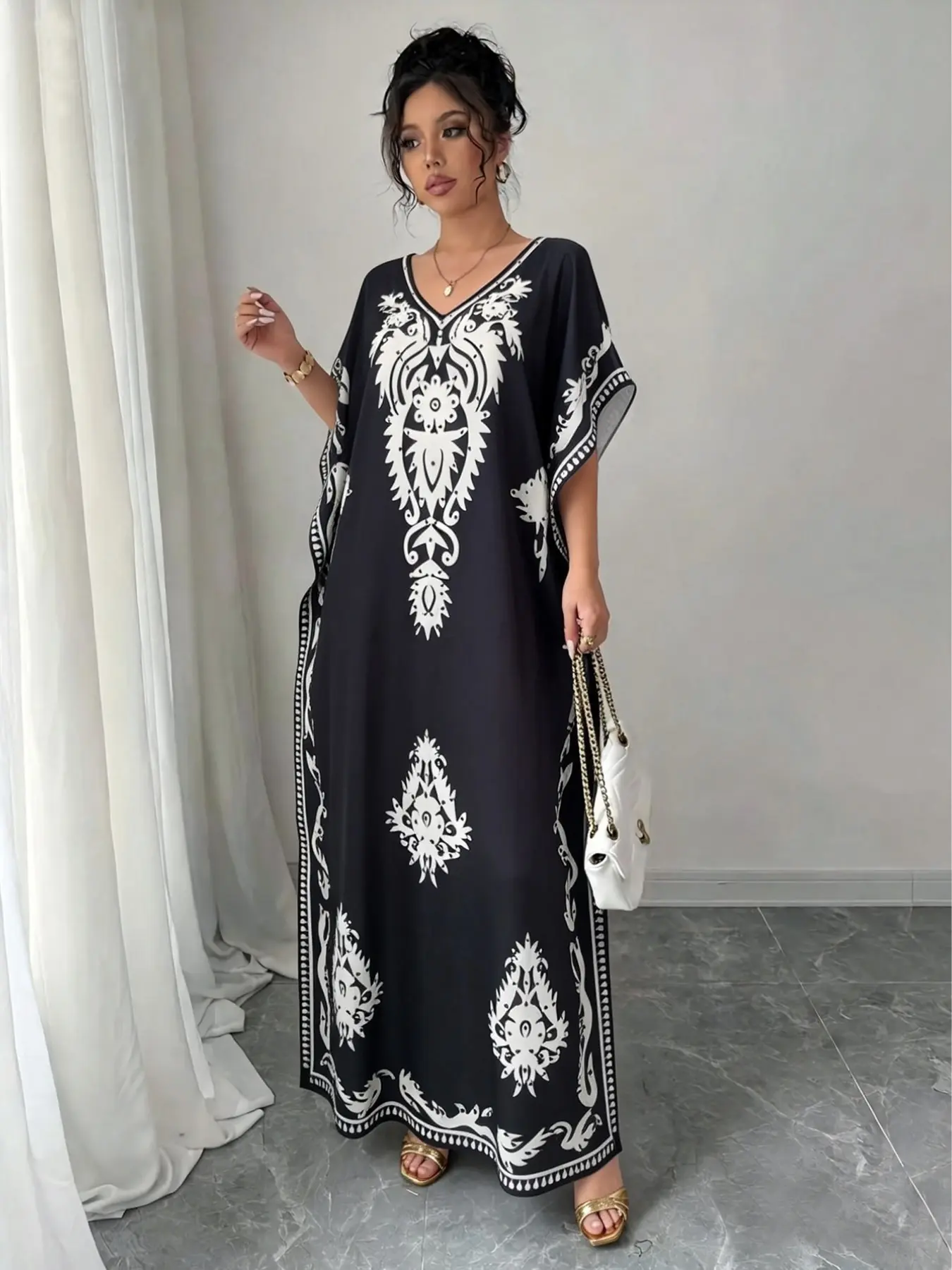 Women's All-Over Print Long Dress, Boho Summer Casual V Neck Loose Split Beach Resort Cover-Up, Comfortable Full-Length Robe