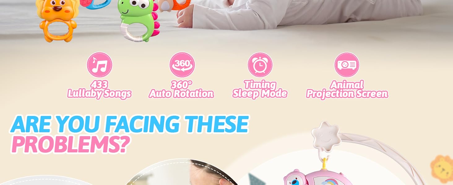 Crib Mobile with Music and Lights, Baby Mobiles for Cribs, Nursery Musical Mobile for Bassinets Toys Hanging Girls Boys, Pack and Play Space Portable Animal Mobile Hanger Arm Clip On Attachment