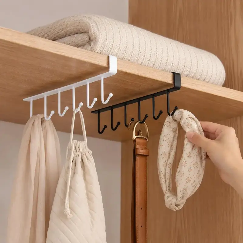 2pcs Mug Hanger Rack, Under Shelf Storage Hooks Organizer Hanging Holder for Cabinet Pantry Kitchen Cupboard Desk Counter Bookshelf Organization Black White