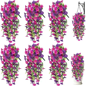 6 Pcs Purple Red Hanging Morning Glory Flowers - UV Resistant Realistic Artificial Blooms for Summer to Fall Porch, Garden & Patio Decor, Fake Floral Decor, No Watering, All-Weather, Fade Proof