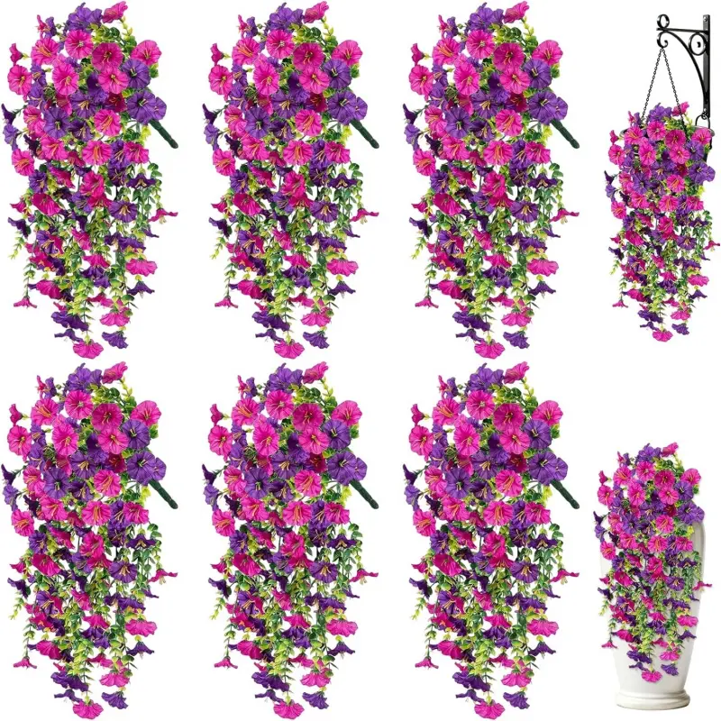 6 Pcs Purple Red Hanging Morning Glory Flowers - UV Resistant Realistic Artificial Blooms for Summer to Fall Porch, Garden & Patio Decor, Fake Floral Decor, No Watering, All-Weather, Fade Proof