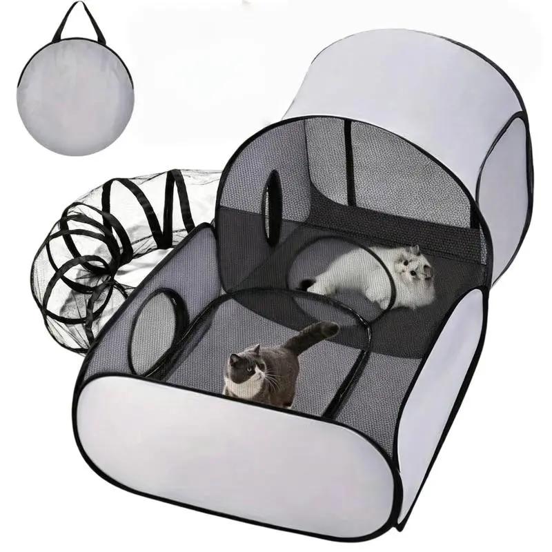 Three-In-One Cat Kittens Dog Playpen with 360-Degree Tunnel, Soft Breathable Mesh Design, Easy Installation, Durable Pet House for Indoor and Outdoor Use