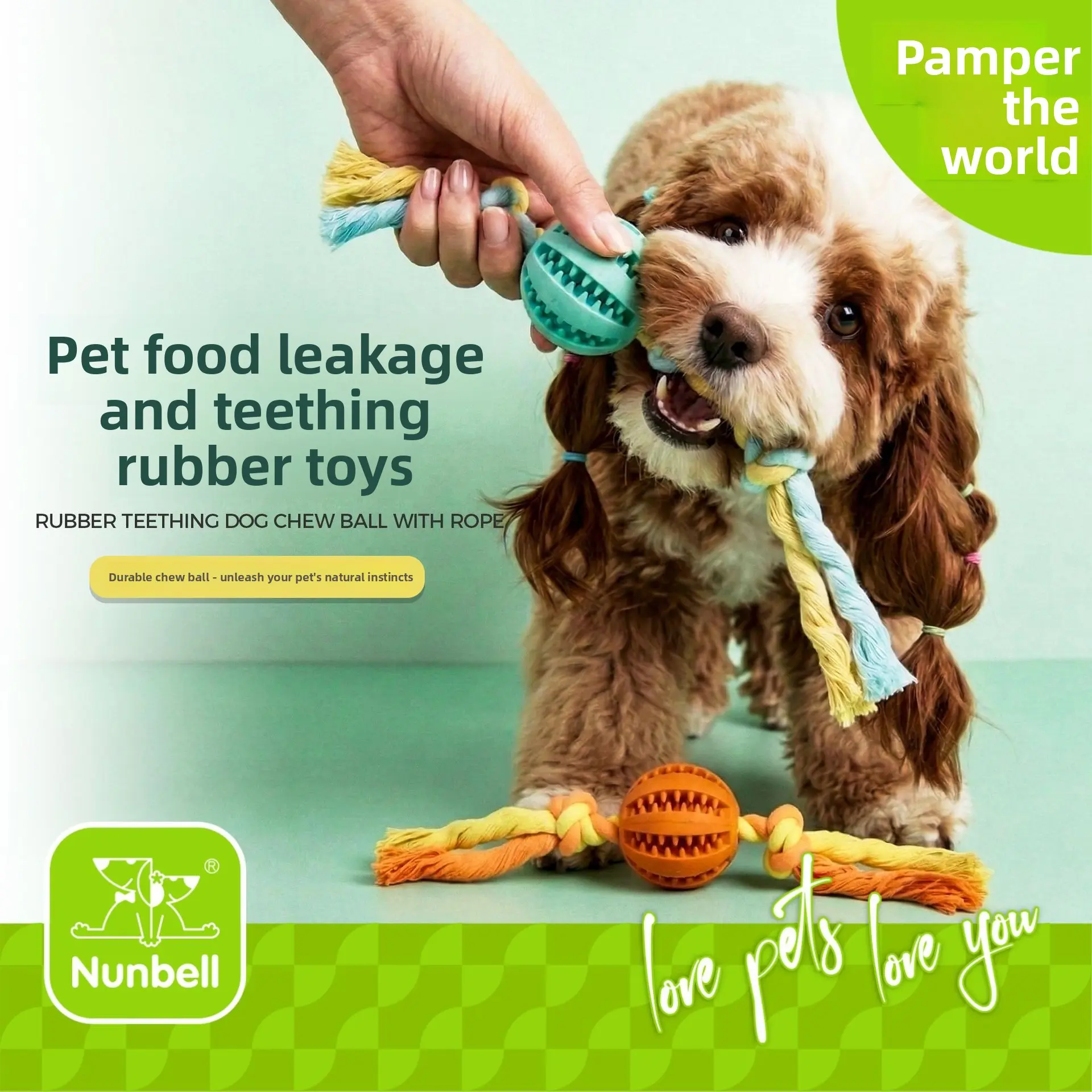 Nunbell pet toy dog cotton rope chewable rubber ball interactive training dog toy ball