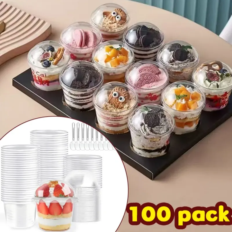 100 Pack 5oz Disposable Dessert Cups, Individual Dessert Cups, Stackable Space-Saving Parfait Pots with Lids & Free Matching Spoons, Multi-Use Containers for Ice Cream Yogurt Pudding Smoothies, Disposable Tableware for Weddings Birthdays Holiday Parties
