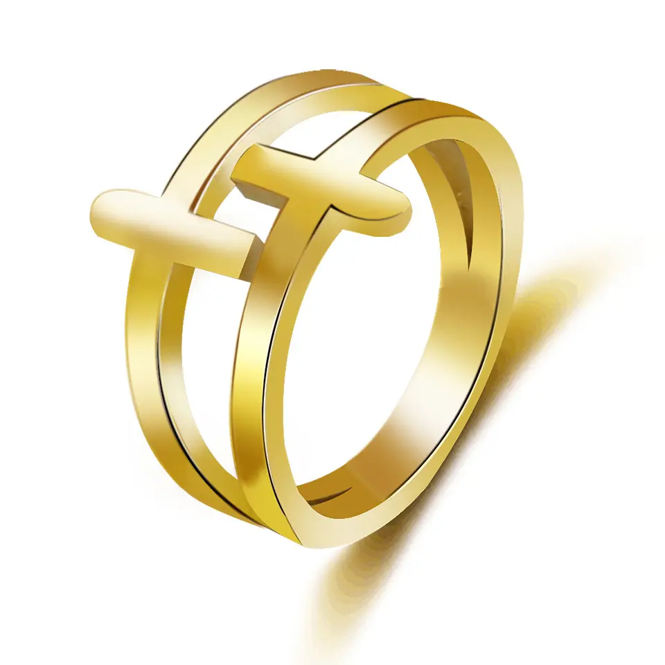 Korean-style new model stainless steel electroplated rose gold double-layer cross ring for the index finger, personalized ring and tail ring jewelry