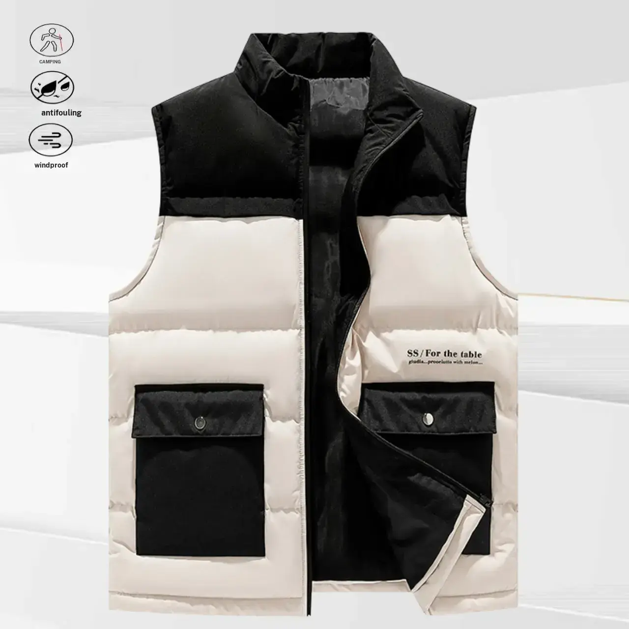 Men's Casual Mock Neck Zip Vest, Fitted Plain Color Polyester Body Warmer for Easy Movement, Machine Washable, Black with Rice White, Medium Length