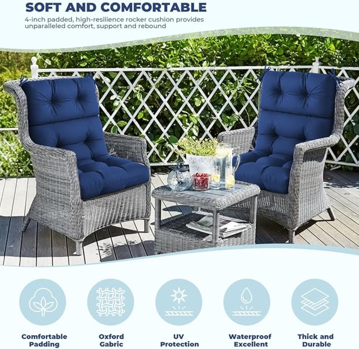 Outdoor/Indoor High Back Chair Cushion, Waterproof Outdoor Rocking Chair Cushion with Ties, Tufted Replacement Seat Cushions for Outdoor Furniture, Navy