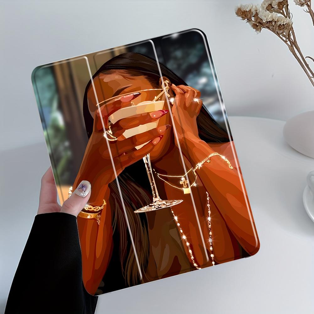 Glamorous Cocktail Lady Design Three-tiered stand iPad case, Transparent Acrylic Hard Back Panel With Pencil Slot, Suitable for All models ipad.Scratch-resistant Ultra-thin Protective Case, Shock-resistant Full Cover for Offices Schools Home Tablet Casing