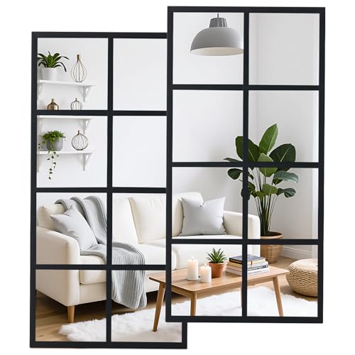 Rectangular Window Pane Decorative Wall Mirror with Black Metal Grid Frame, Modern Geometric Style Mirror for Living Room Bedroom Entryway, Stylish Home Decor Accent with Unique Grid Pattern and Sleek Black Finish
