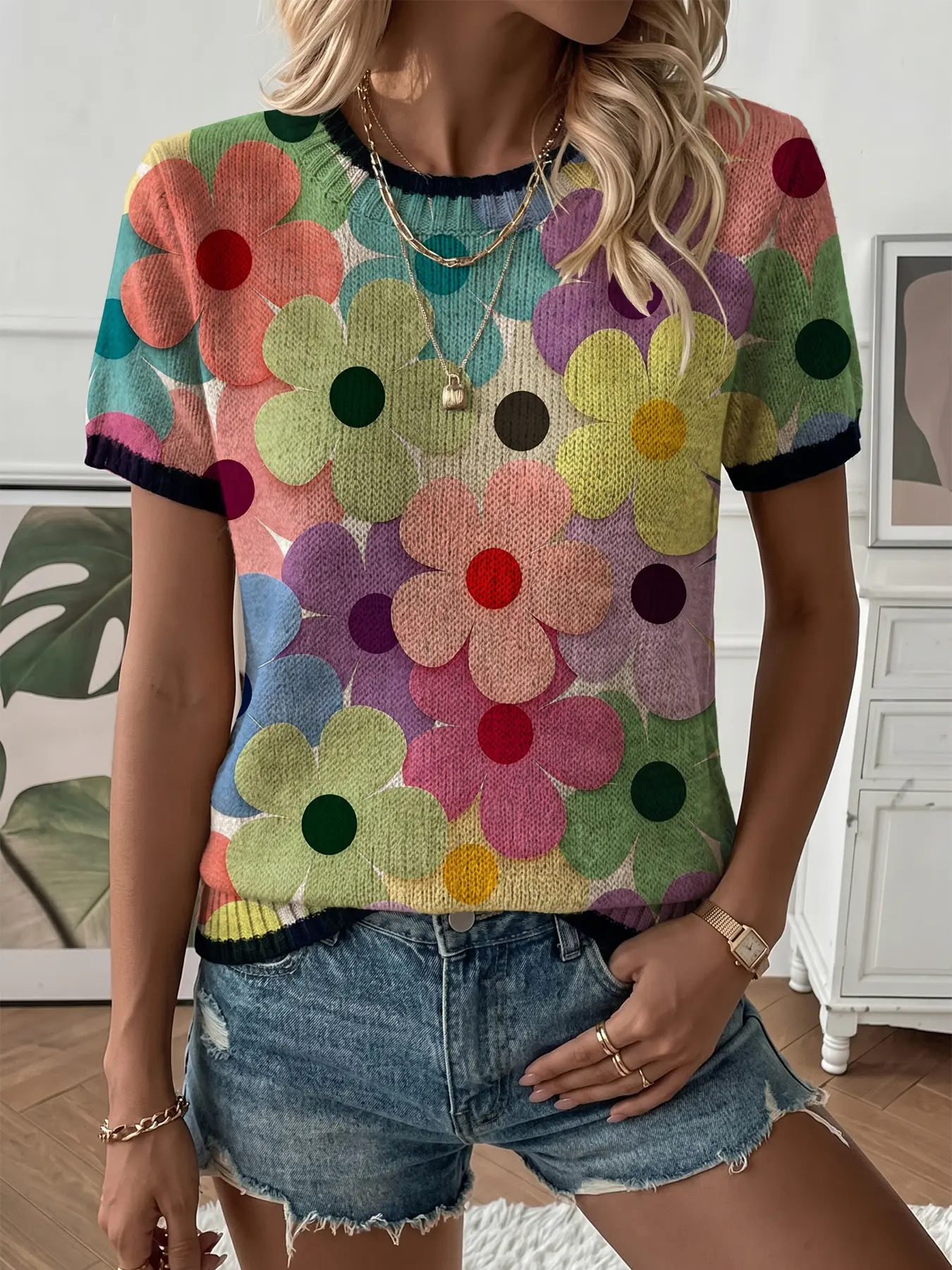Elegant Women's Floral Print Round Neck Oversized Sweater, Casual Lightweight Short Sleeve Knit Top, Breathable Fashion for All Seasons, Chic Layered Design, Knitwear, Knitting