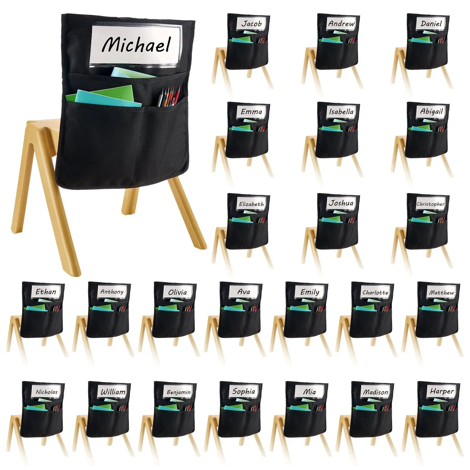 24-Pack VEVOR Chairback Pockets for Classroom, 14x15 In Kids' Simple Organization Chairback Buddy Pockets with Name Tag, Black Back-of-Chair Organizers for School & Home, Storage