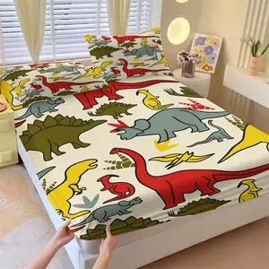 3-Piece Cartoon Dinosaur Print Fitted Sheet Set,1 Fitted Sheet+2 Pillowcases,Soft Breathable Skin-Friendly Fabric,Deep Pocket Non Slip Mattress Cover,Kids Animal Bedding,Ideal for Boys Bedroom & Birthday Gift