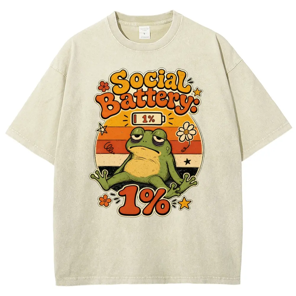 Unisex Social Battery: 1% Cartoon Tired Frog Social Anxiety Graphict Washed T-Shirt Personalized Pattern Y2k Clothing Round Neck Washed T-Shirt,Women's Clothing 100% Cotton, Menswear, Top, Vintage Style,Summer Casual Oversized