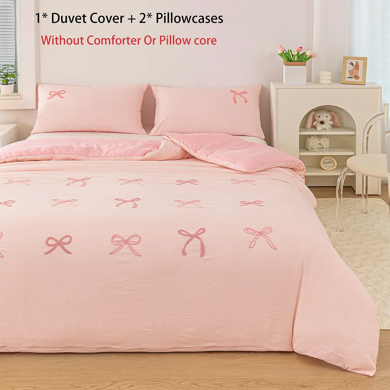Coquette Bow Embroidery Duvet Cover Set 3 Pcs, French Luxury Princess Bedding Set, Ultra Fine Fiber Soft Breathable All Season Bedding, 1 Duvet Cover + 2 Pillowcases, Zipper Closure (NO Comforter & Pillow Insert)