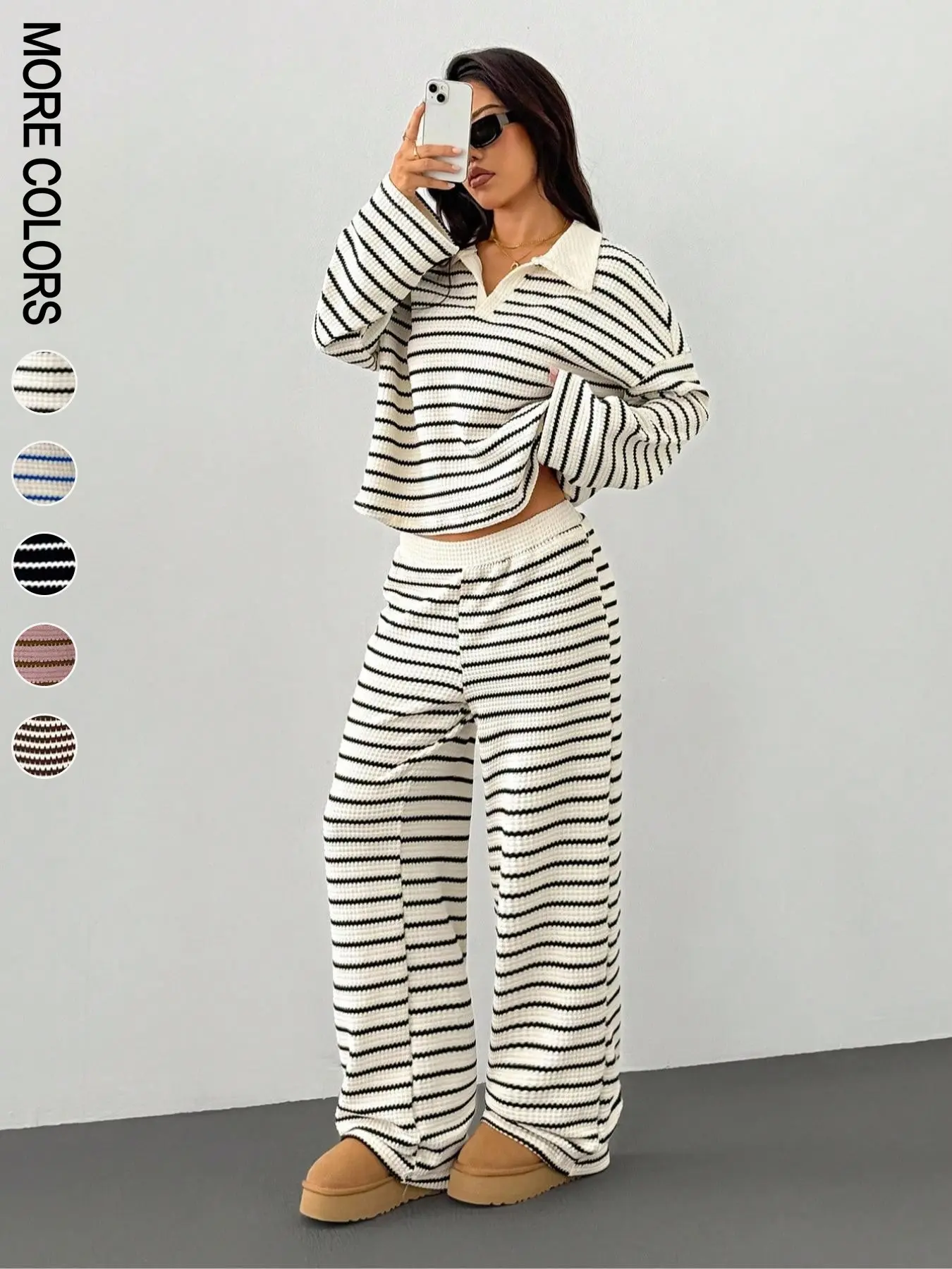 Women's Striped Waffle-Knit Two-Piece Set, Oversized Polo-Collar Long-Sleeve Top and Elastic-Waist Wide-Leg Pants, Casual Lounge Set for Daily Wear and Casual Outings