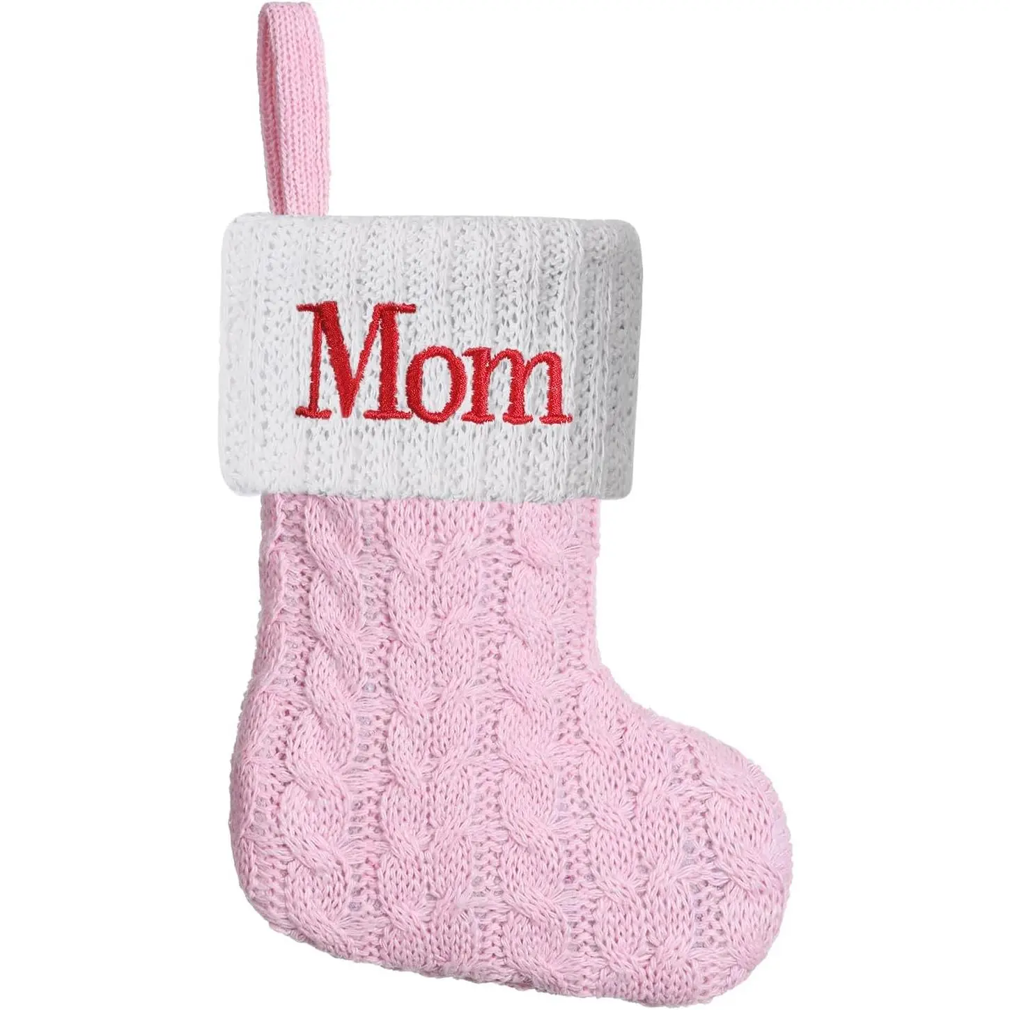Mini Pink Knit Stocking 8.5 Inches Initial Monogram Embroidered Christmas Stocking Family Fireplace Hanging Ornament Xmas Holiday Decor Gift for Mom