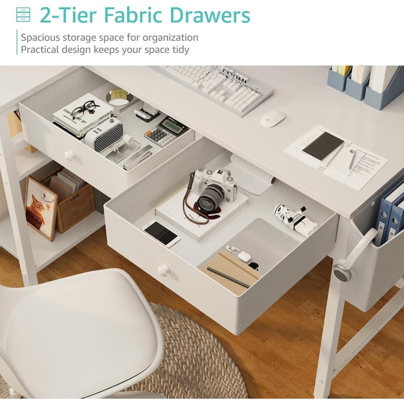 White L Shaped Desk with Drawers & Storage Shelves, 40 Inch Small Corner Desk with Power Outlet for Small Space Home Office, Study Work PC Desks for Bedroom, Get Free Gift