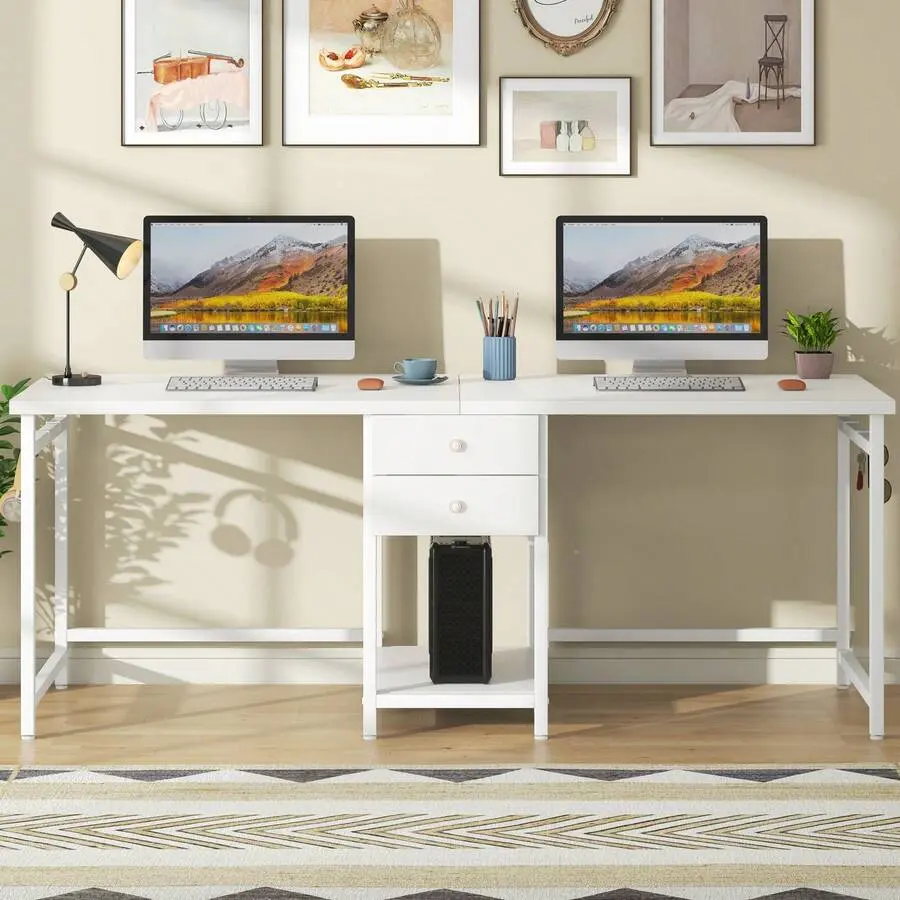 Two Person Desk, 79 Inch Shared Office Desk With 2 Drawers, Large Computer Desk With Storage Shelves, Writing Table Home Office