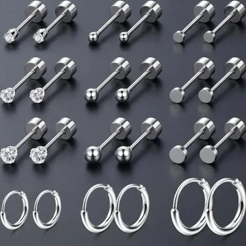 Stainless Steel Earrings, Earring Pack, Hoop & Stud Earrings, Hypoallergenic Daily Hoops, Fashion Jewelry for Party, Hypoallergenic Stainless Steel Piercing Jewelry for Birthday Gift, Earring Stacking Sets