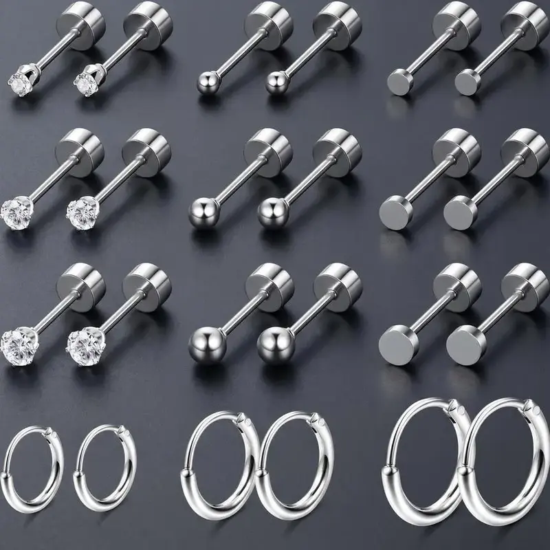 Stainless Steel Earrings, Earring Pack, Hoop & Stud Earrings, Hypoallergenic Daily Hoops, Fashion Jewelry for Party, Hypoallergenic Stainless Steel Piercing Jewelry for Birthday Gift, Earring Stacking Sets