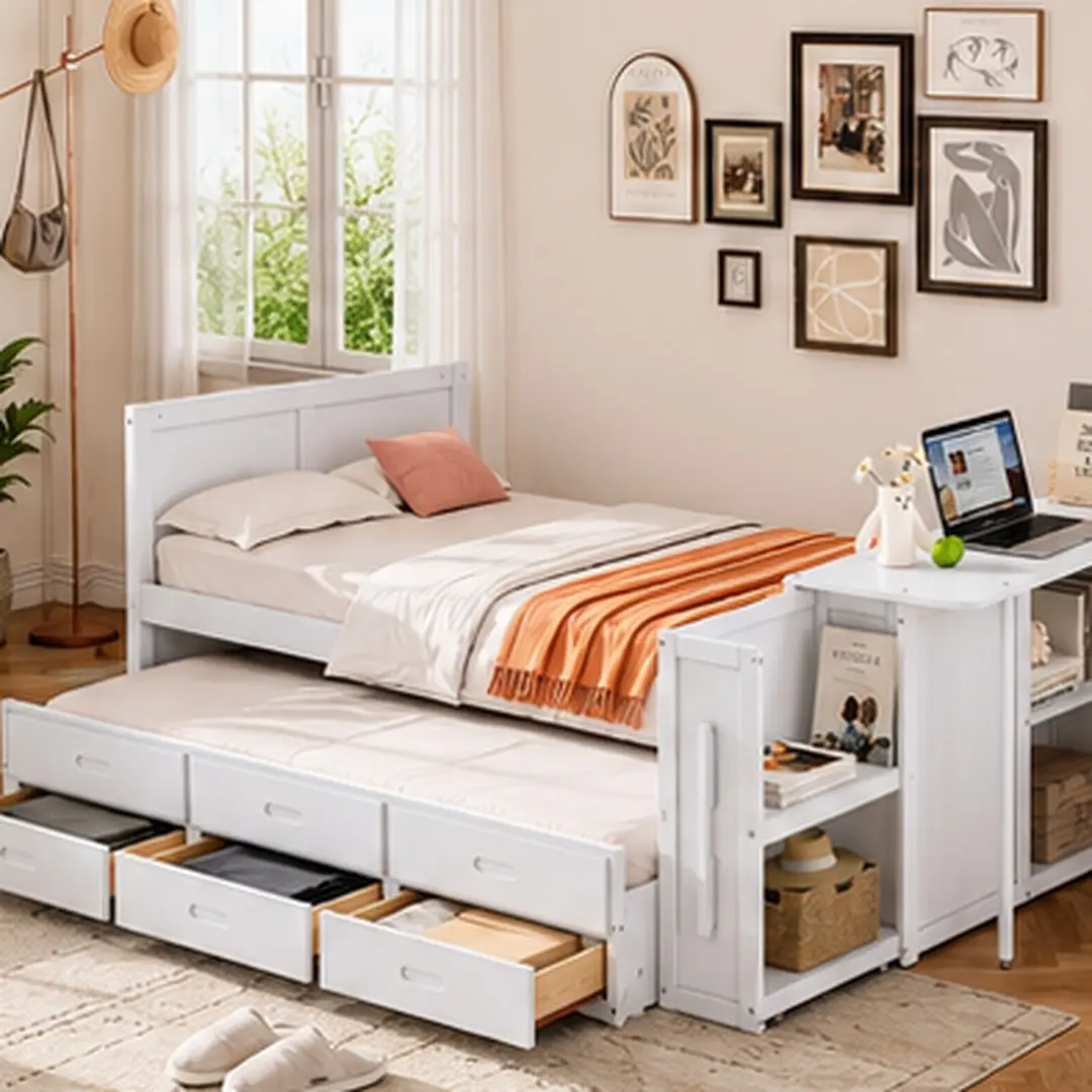 ARCH Twin Size Multifunctional Wood Storage Bed Frame with Desk, Trundle, 3 Drawers, Storage Shelf, Assembly Required, Multiple Components - Space-Saving White Indoor Furniture for Bedroom, Kids Room - 96.2L x 40.9W x 29.4H, Hidden Storage Compartments Be