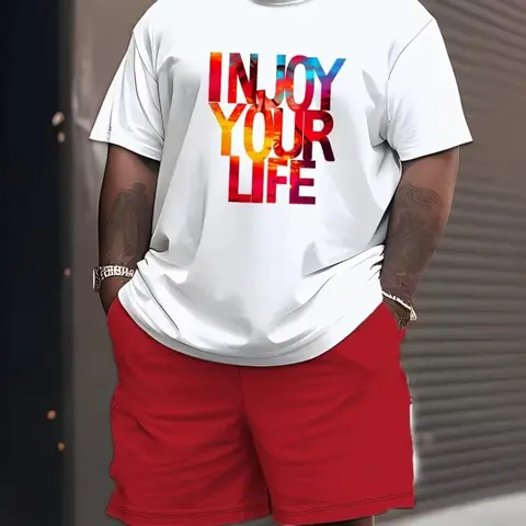 Men's Plus Size Casual Fashion Slogan Print T-Shirt and Drawstring Waist Shorts Set, Outfit, Style Set, Loose-Fitting Short Sleeve for All Seasons Clothes Menswear Tropical Graphic Tee Set Casual Clothing Set
