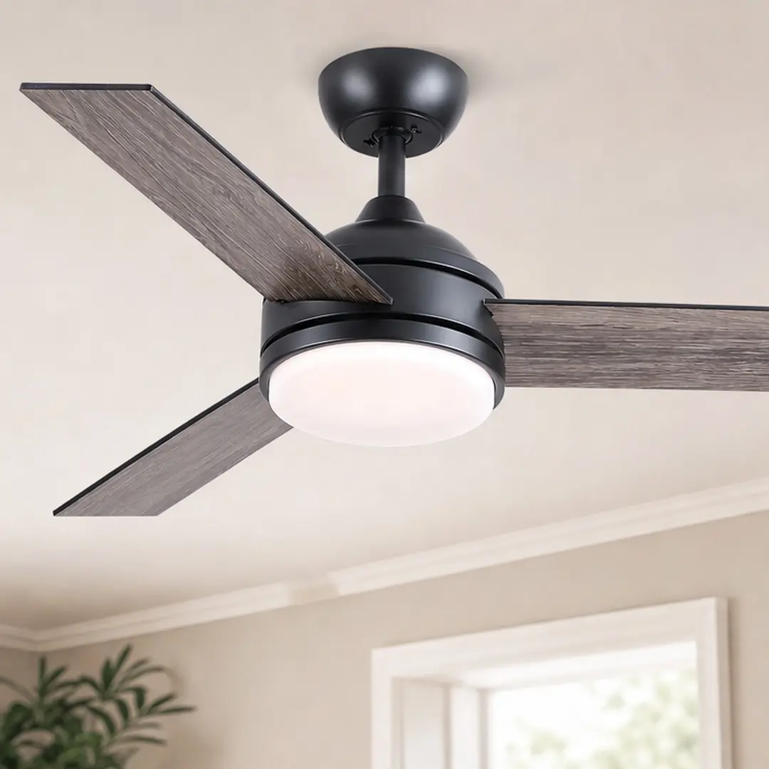 42-Inch Modern Low Profile Black Indoor Ceiling Fan with 3 Plywood Blades, Integrated LED Light Kit, Remote Control, Smart APP Compatibility, 3-Speed Function, Memory Function, 42x42x13in Size, Metal/Plywood Material, ETL Listed for Living Room, Bedroom,,