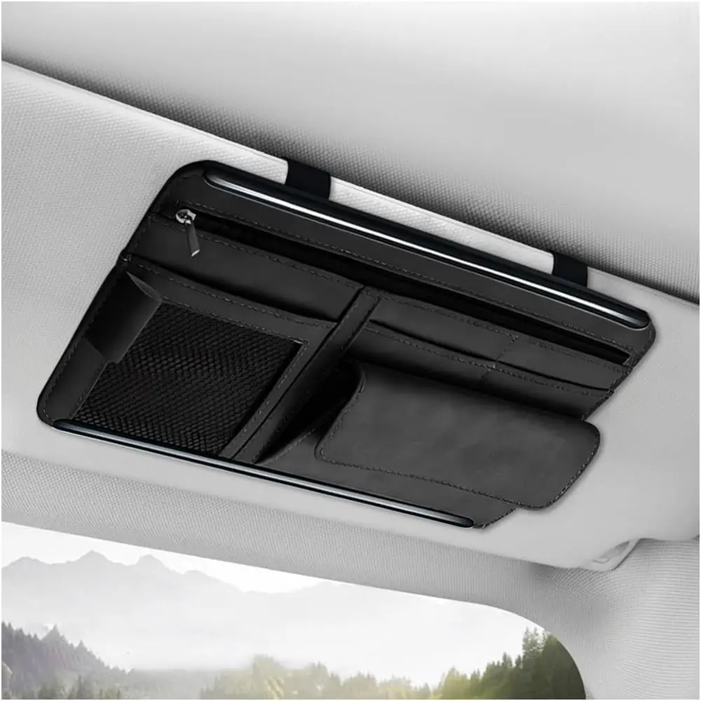 Sun Visor Organizer, Soft Leather  Sunshade Glasses Storage Bag with Net Zipper, Automotive Multi-Pocket Organizer for Drive  Card Glasses Document (Black)