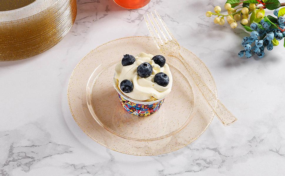 GOODLUCK 240PCS Gold Glitter Disposable Plates & Forks Set 120 Heavy-Duty 7 Dessert Plates 120 Plastic Forks for 120 Guests Perfect for Weddings Parties Baby Showers Events Decorations Supplies Birthdays