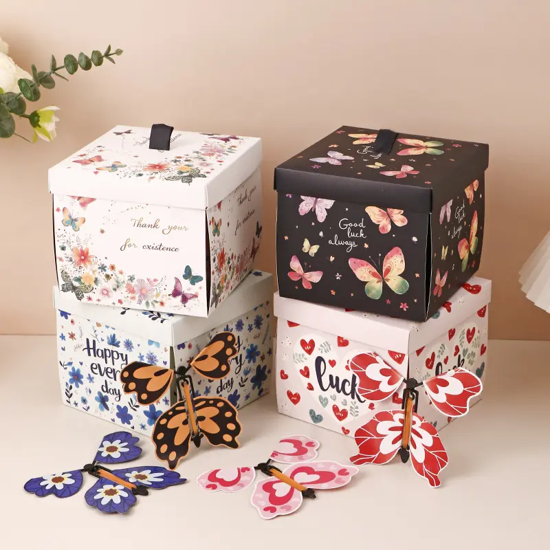 Flying Butterfly Surprise Gift Box, Magic Pop Up Explosion Box for Students Birthday Party Graduation Valentine’s Day Couple Gifts, Romantic Surprise Paper Present Box with 4 Random Butterflies, 4 Patterns White Pink Black Blue Foldable Easy Assembly Gift