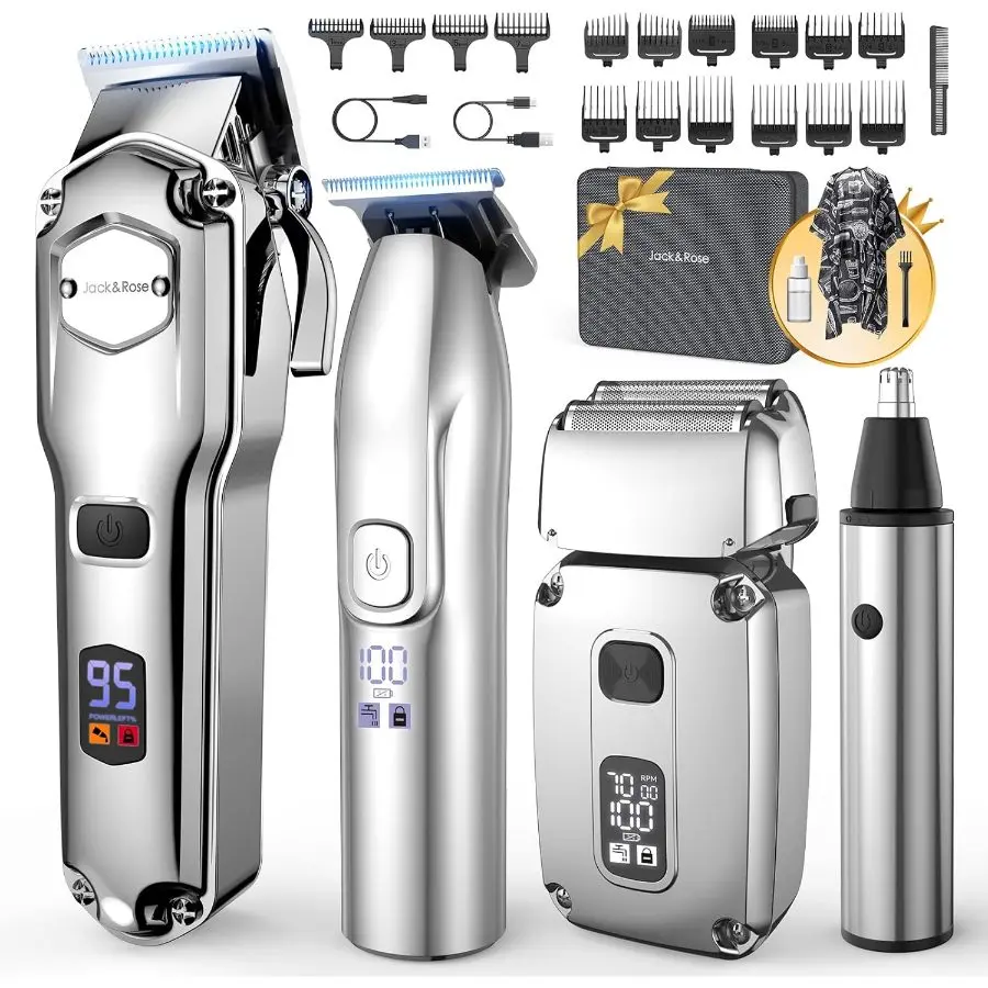Jack Rose Hair Clippers for Men Set Professional, Cordless Men Hair Trimmer, Electric Shavers, Barber kit, 4 in 1, LED Display, for Nose, Body, Bald Head