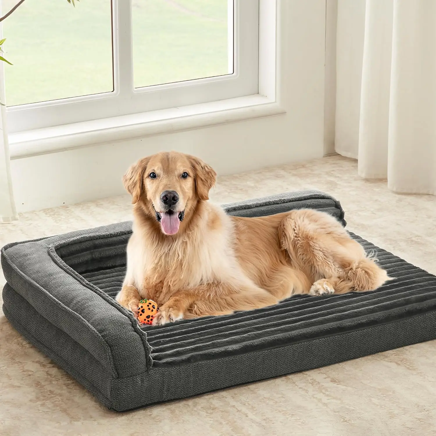 Beds for Large Dogs 40x28 inch, L Shape   Bed with Bolster Sides, Washable Big  Bed with Removable Cover & Non-Slip Bottom, Gray