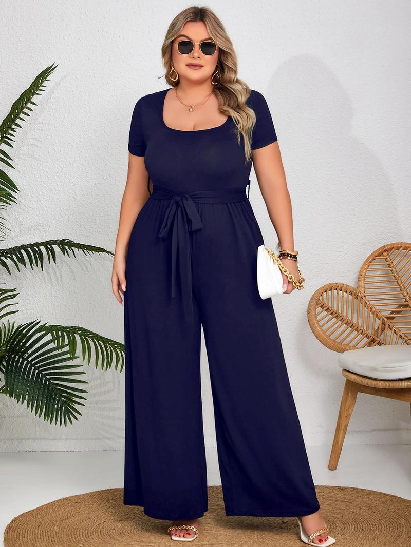 Plus Size Solid Wide Leg Jumpsuit, Elegant Square Neck Belted Jumpsuit for Daily Outdoor Wear, Women Plus Clothing for All Seasons