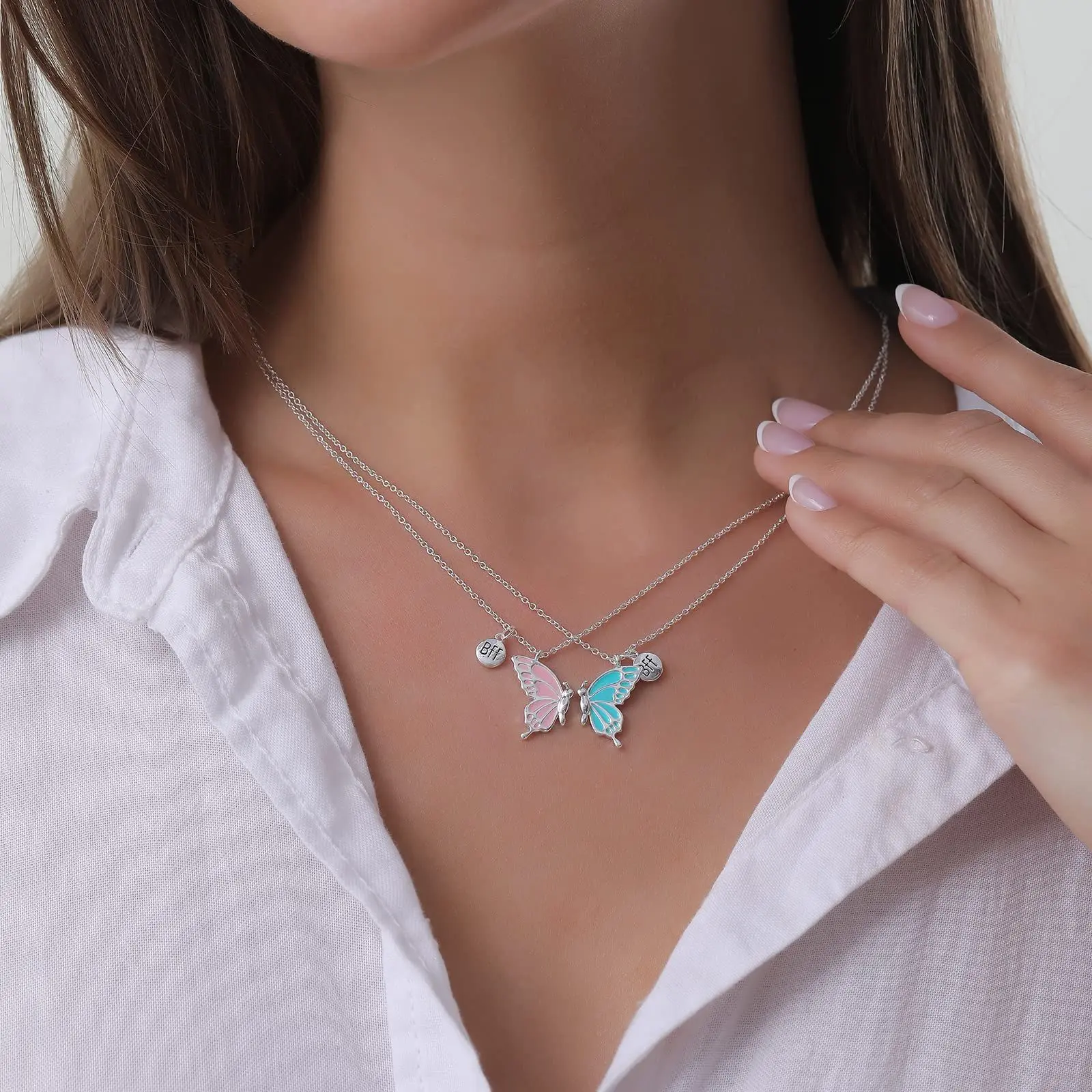 Silver Butterfly Bestie Necklace Set – Cute Enamel Friendship Jewelry; Birthday Gift for Women, Best Friends, Teen Girls, and Sisters