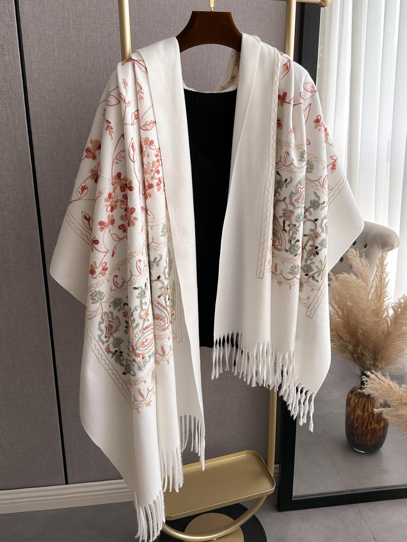 Boho Style Plant Embroidery Double Sided Scarf, Casual Soft Warm Fringe Trim Floral Embroidered Shawl for Women & Men, Fashion Accessories for Daily Wear