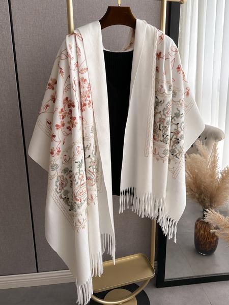 Boho Style Plant Embroidery Double Sided Scarf, Casual Soft Warm Fringe Trim Floral Embroidered Shawl for Women & Men, Fashion Accessories for Daily Wear