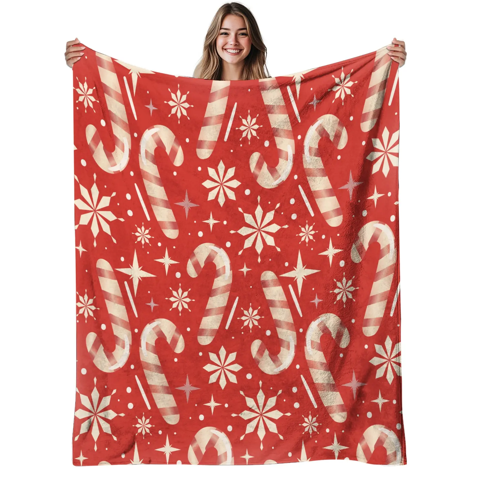 1Pc 280Gsm Extra Thick Flannel Blanket - Soft, Warm, Breathable Candy Cane & Red Brown Horizontal Stripes - All Seasons Bed Warmer Blanket for Couch, Bed - Machine Washable Christmas Cozy Aesthetic Home Decor - Infant-Friendly Contemporary Bedding
