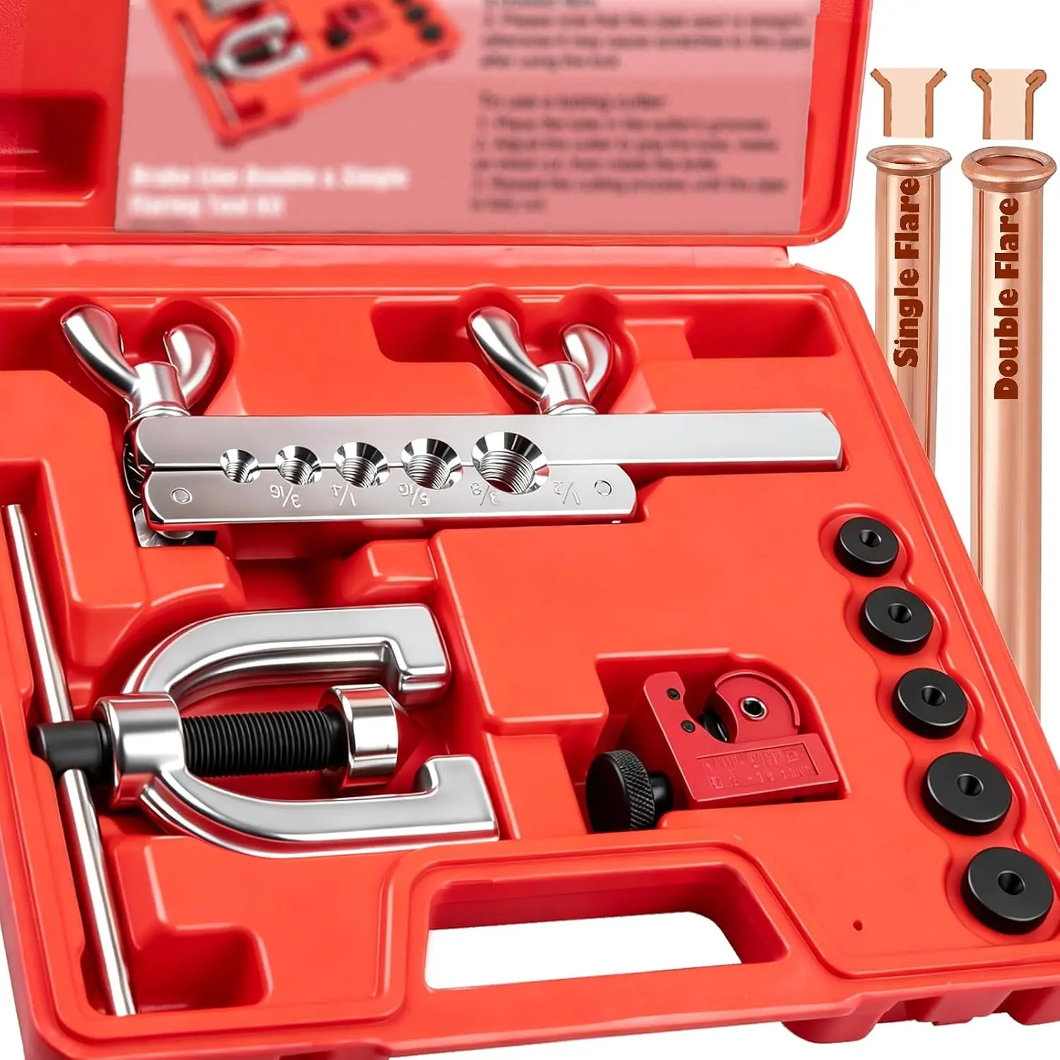 Line Double & Single Flaring Tool Kit with Tubing ,  Line Repair Kit for Copper, ,  Line and Brass Tubing, Flare Tool kit Includes 5 Adapters, 45 Degrees